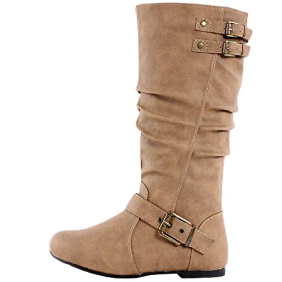 Top Moda Taupe Slouch Mid-Calf Boots – Round Toe Buckle Detail Flat Heel Casual - Picture 5 of 7